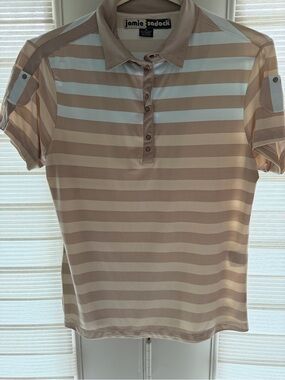Jamie Sadock Women's Beige and Light Blue Striped Polo Top